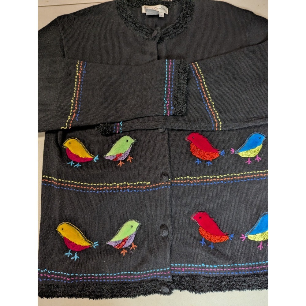 Vintage Great Cavalier Bird Novelty Cardigan Sweater Black M Furry Embroidered - Picture 10 of 16
